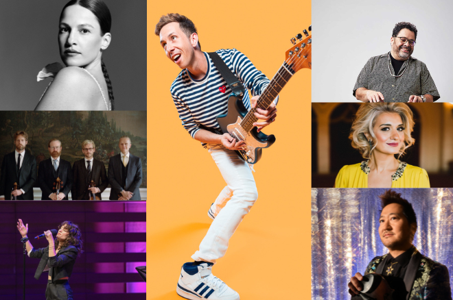 A collage of various musical artists, including (from L to R) Soweto Gospel Choir, David Virelles, Dominique Fils-Aimé, Velours, Alisa Weilerstein, and Chineke! Orchestra.